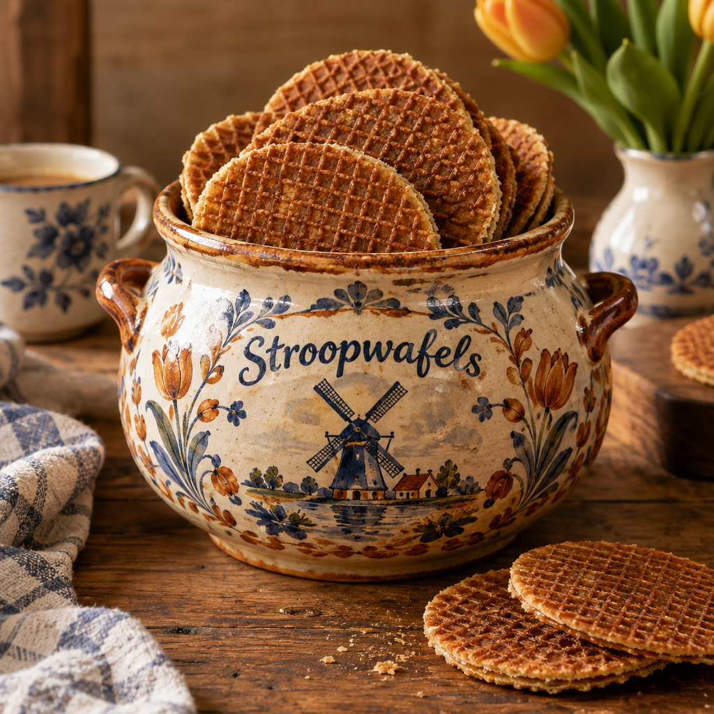 Stroopwafels in handgeschilderde pot
